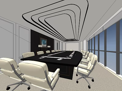 Modern Conference Room Interior With Black Table White Chairs Curved Ceiling And Large Windows 3d model