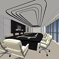 Modern Conference Room Interior With Black Table White Chairs Curved Ceiling And Large Windows