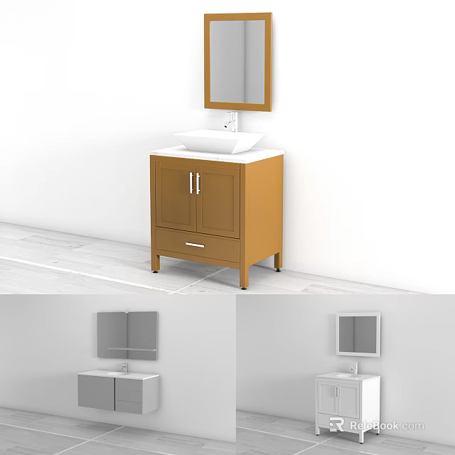Modern Bathroom Vanity Cabinet With Wooden Frame White Sink Top And Mirror Above 3d model 