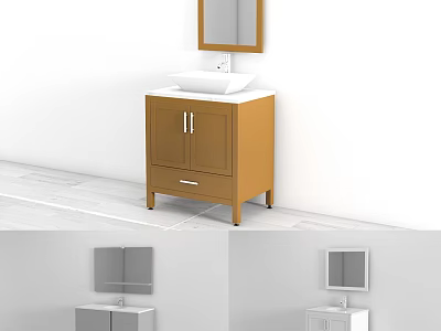 Modern Bathroom Vanity Cabinet With Wooden Frame White Sink Top And Mirror Above 3d model