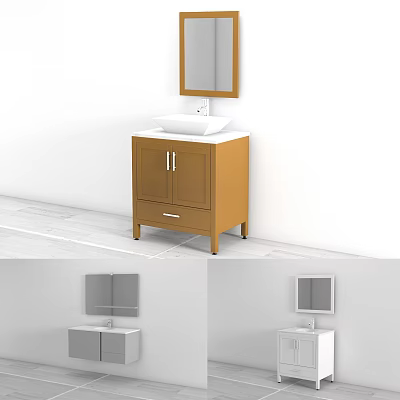 Modern Bathroom Vanity Cabinet With Wooden Frame White Sink Top And Mirror Above 3d model