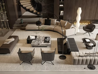 Modern Living Room Interior With Sofa Coffee Table Set Armchairs And Floor Lamp 3d model