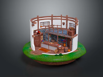 Circular Miniature Scene Model With White Walls Brown Frames Cabinets Shelves And Green Base 3d model