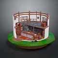 Circular Miniature Scene Model With White Walls Brown Frames Cabinets Shelves And Green Base
