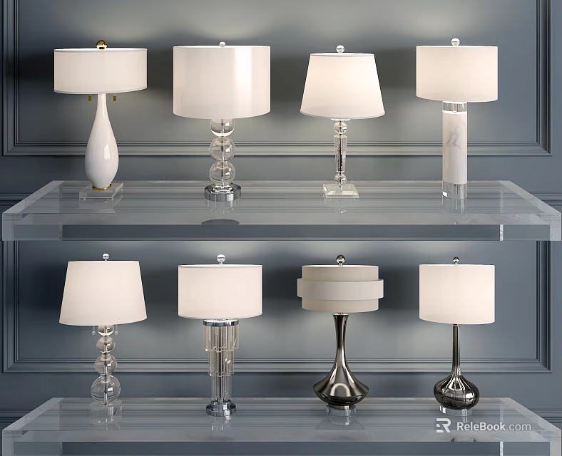 Various Designed Table Lamps Displayed On Glass Shelf With Dark Wall Background 3d model 