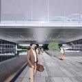 Modern Sales Office Building With Glass Curtain Wall Metal Frame Water Pool And Trees