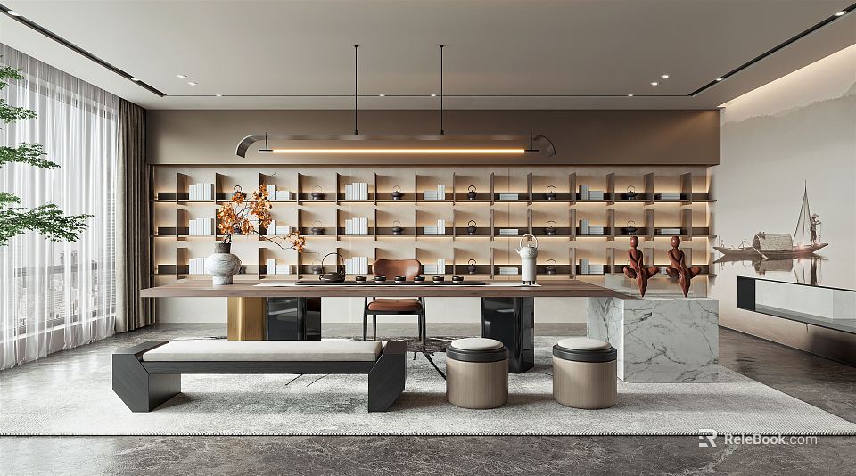 Elegant Tea Room Interior Design With Wooden Shelves Long Table Marble Stools And Warm Lighting 3d model 