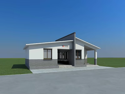 Modern Single Story Building With White Gray Exterior Green Lawn And Blue Sky 3d model
