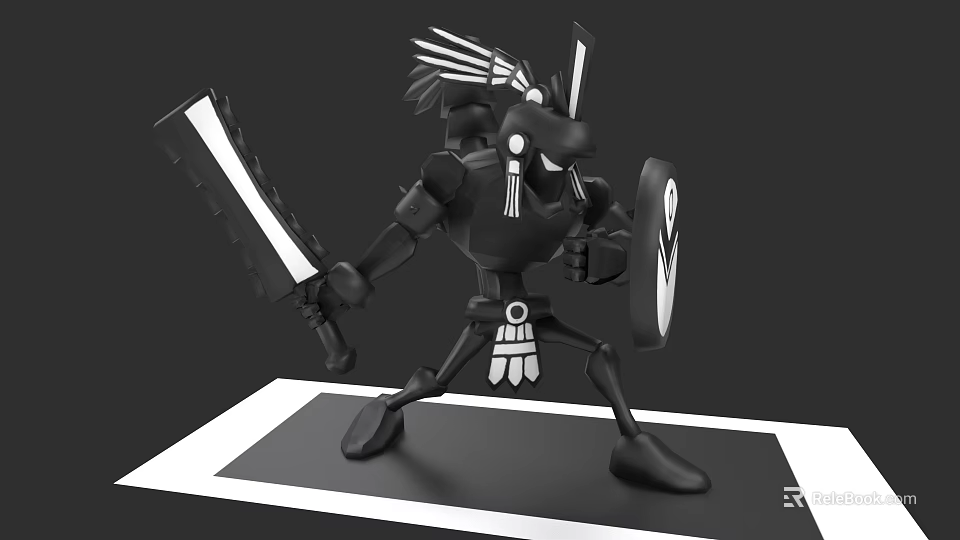 Game Movie Character Warrior With Feathered Headdress Holding Large Sword Shield In Black White Color 3d model 
