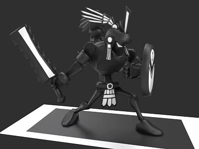 Game Movie Character Warrior With Feathered Headdress Holding Large Sword Shield In Black White Color 3d model