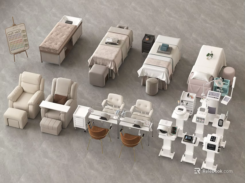 Professional Beauty and Hairdressing Salon With Treatment Beds Chairs and Workstations 3d model 