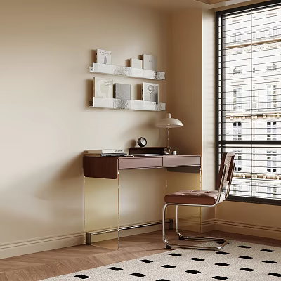 Modern Desk Interior With Wooden Top Shelf Lamp Chair And Window View 3d model