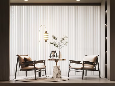 Modern Luxury Living Room With Armchairs Round Coffee Table Floor Lamp Green Plant White Blinds 3d model