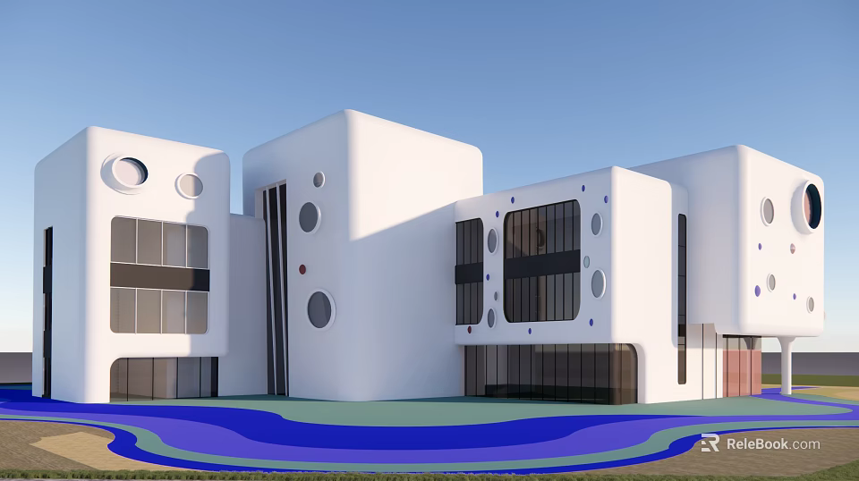 Modern White School Building With Geometric Shapes Circular Windows And Blue Green Ground 3d model 