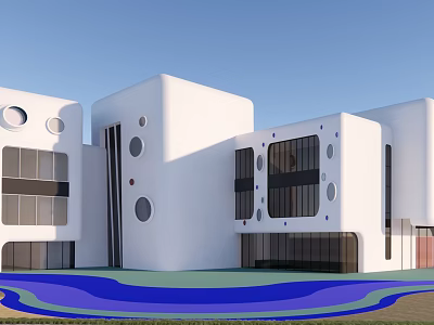 Modern White School Building With Geometric Shapes Circular Windows And Blue Green Ground 3d model