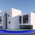 Modern White School Building With Geometric Shapes Circular Windows And Blue Green Ground
