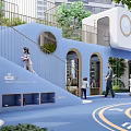 Community Garden Landscape With Blue White Building Circular Window Arched Door Large Tree Round Table