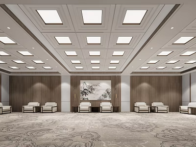 Spacious Hotel Public Lounge Interior With Square Ceiling Lights Wooden Walls And Patterned Carpet 3d model