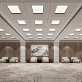 Spacious Hotel Public Lounge Interior With Square Ceiling Lights Wooden Walls And Patterned Carpet