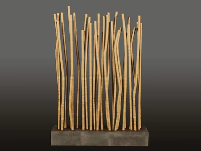 Stone and Wood Art Installation with Slender Vertical Wooden Sticks on Stone Base 3d model