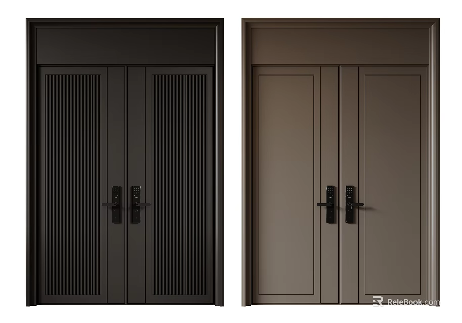 Modern Double Doors With Black Glass Panel And Brown Solid Design 3d model