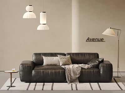 Black Leather Loveseat In Living Room With Cushions Blanket Floor Lamp Side Table Avenue Sign And Rug 3d model