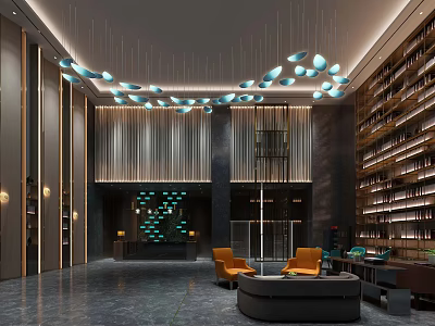 Modern Hotel Lobby Interior With Unique Chandelier Comfortable Seating And Elegant Bookshelf Wall 3d model