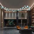 Modern Hotel Lobby Interior With Unique Chandelier Comfortable Seating And Elegant Bookshelf Wall