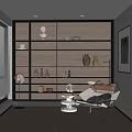 Modern Study Room Interior With Wooden Shelves Sculptures Vases Blinds Floor Lamp And Armchair
