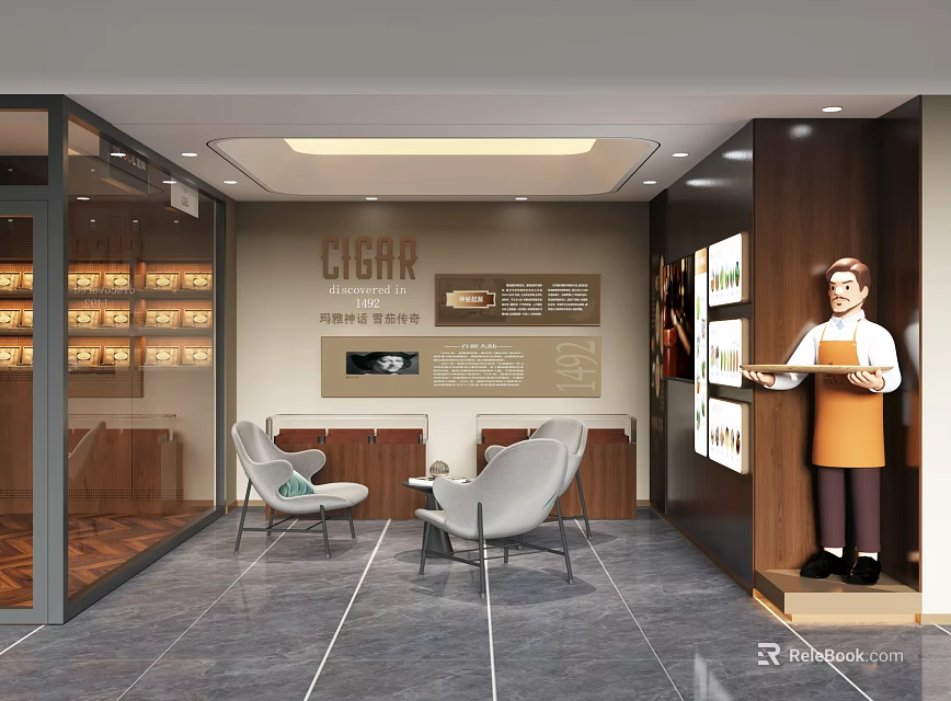 Cigar Store Interior With Cigar Display Shelves Seating Area Mannequin And Wooden Cabinets 3d model 