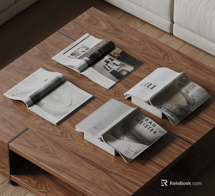 Open Magazines on Wooden Coffee Table with Pages Showing Images and Text 3d model 