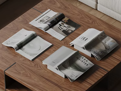 Open Magazines on Wooden Coffee Table with Pages Showing Images and Text 3d model