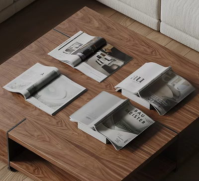 Open Magazines on Wooden Coffee Table with Pages Showing Images and Text 3d model