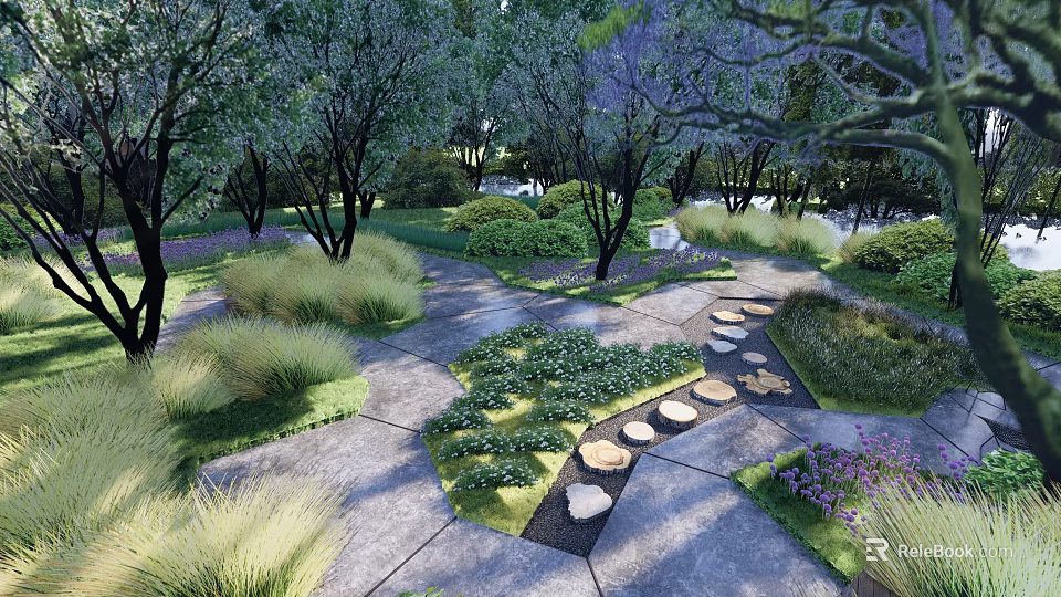 Tranquil Park Landscape With Stone Path Stepping Stones Lush Greenery And Colorful Flowers 3d model 