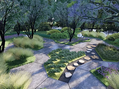 Tranquil Park Landscape With Stone Path Stepping Stones Lush Greenery And Colorful Flowers 3d model