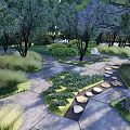 Tranquil Park Landscape With Stone Path Stepping Stones Lush Greenery And Colorful Flowers
