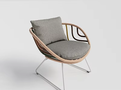 Modern Leisure Chair With Woven Rattan Frame Gray Cushion And Metal Legs 3d model