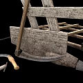 Traditional Agricultural Equipment Including Wooden Plow Sickle And Metal Tools