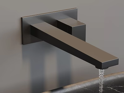 Modern Black Wall Mounted Faucet with Flowing Water and Grey Wall Background 3d model