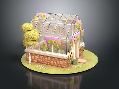 Glass Greenhouse Building with Pink Accents Vines Brick Base near Hay Bales Sunflowers in Grass 3d model
