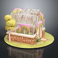 Glass Greenhouse Building with Pink Accents Vines Brick Base near Hay Bales Sunflowers in Grass