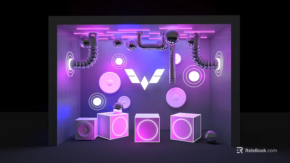 Neon Lit Space With Purple Pink Lights Wing Logo Circular Lights Metal Pipes Speakers 3d model 