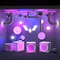 Neon Lit Space With Purple Pink Lights Wing Logo Circular Lights Metal Pipes Speakers