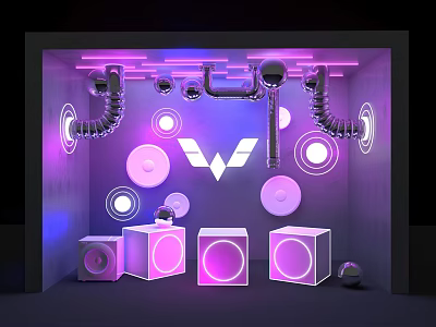 Neon Lit Space With Purple Pink Lights Wing Logo Circular Lights Metal Pipes Speakers 3d model