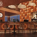Modern Bar Interior Featuring Wooden Ceiling Cloud Pendant Lights Circular Screen And Warm Lighting