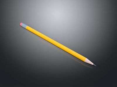 Yellow pencil with pink eraser and black tip on black background showing clear reflection 3d model
