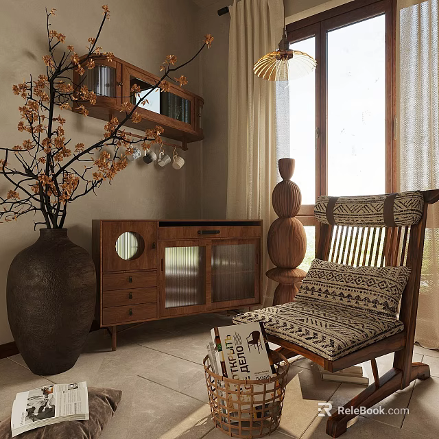 Wooden Leisure Rocking Chair With Patterned Cushions In Cozy Interior And Vase Branches 3d model 