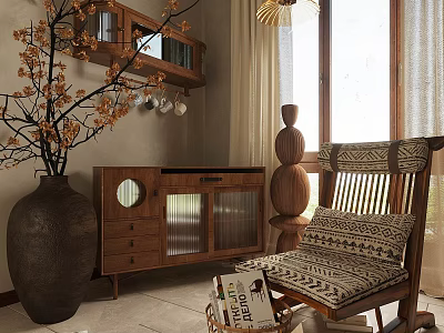 Wooden Leisure Rocking Chair With Patterned Cushions In Cozy Interior And Vase Branches 3d model