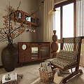 Wooden Leisure Rocking Chair With Patterned Cushions In Cozy Interior And Vase Branches