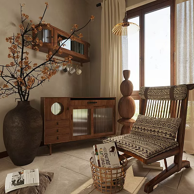Wooden Leisure Rocking Chair With Patterned Cushions In Cozy Interior And Vase Branches 3d model